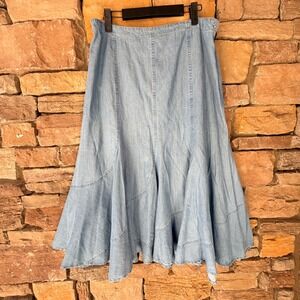 VTG Denim Midi Skirt Button Asymmetric Festival Western Flowy Slouchy Flared